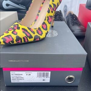 Vince Camuto Yellow and Coral Leopard Print Heels